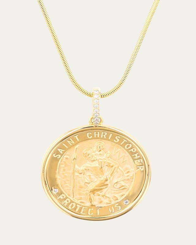 14K St. Christopher "Protect Us" Pendant on Long Snake Chain, 30"L
